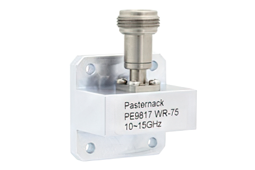 WR-75、スクエアカバーフランジ、N メス、導波管 〜 同軸アダプタ、10 GHz 〜 15 GHz、X-Ku 周波帯