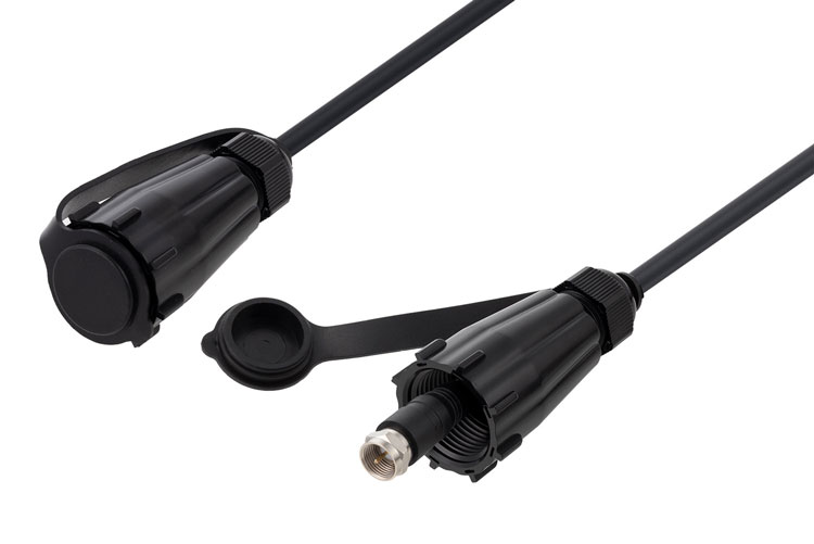Waterproof IP68 75 Ohm F Male (Plug) to 75 Ohm F Male (Plug) Cable Using V7A00001 Coax, Black