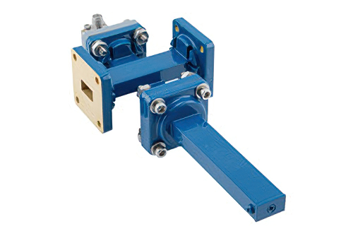 WR-51導波管 50 dB クロスガイド結合器、スクエアカバーフランジ、SMA メス 結合ポート、15 GHz 〜 22 GHz、青銅