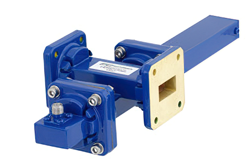 WR-75導波管 40 dB クロスガイド結合器、スクエアカバーフランジ、SMA メス 結合ポート、10 GHz 〜 15 GHz、青銅